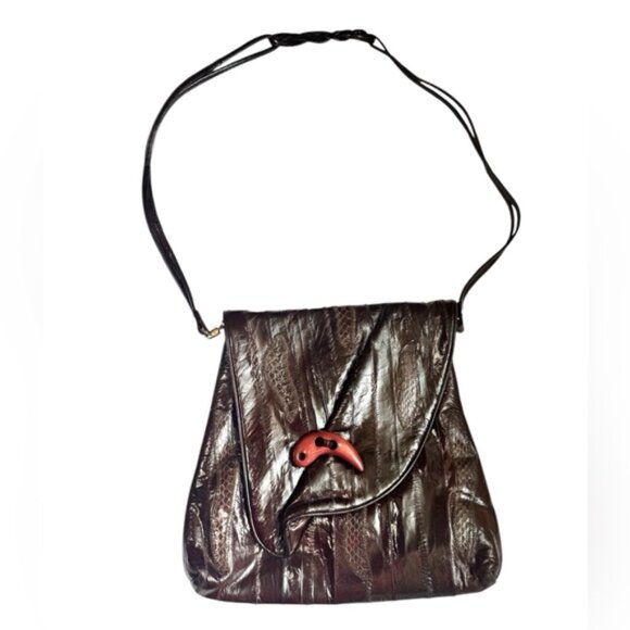 Vintage 80s Eel Skin Leather Snake Print Suede Shoulder Bag Brown Tote Button - Picture 2 of 16